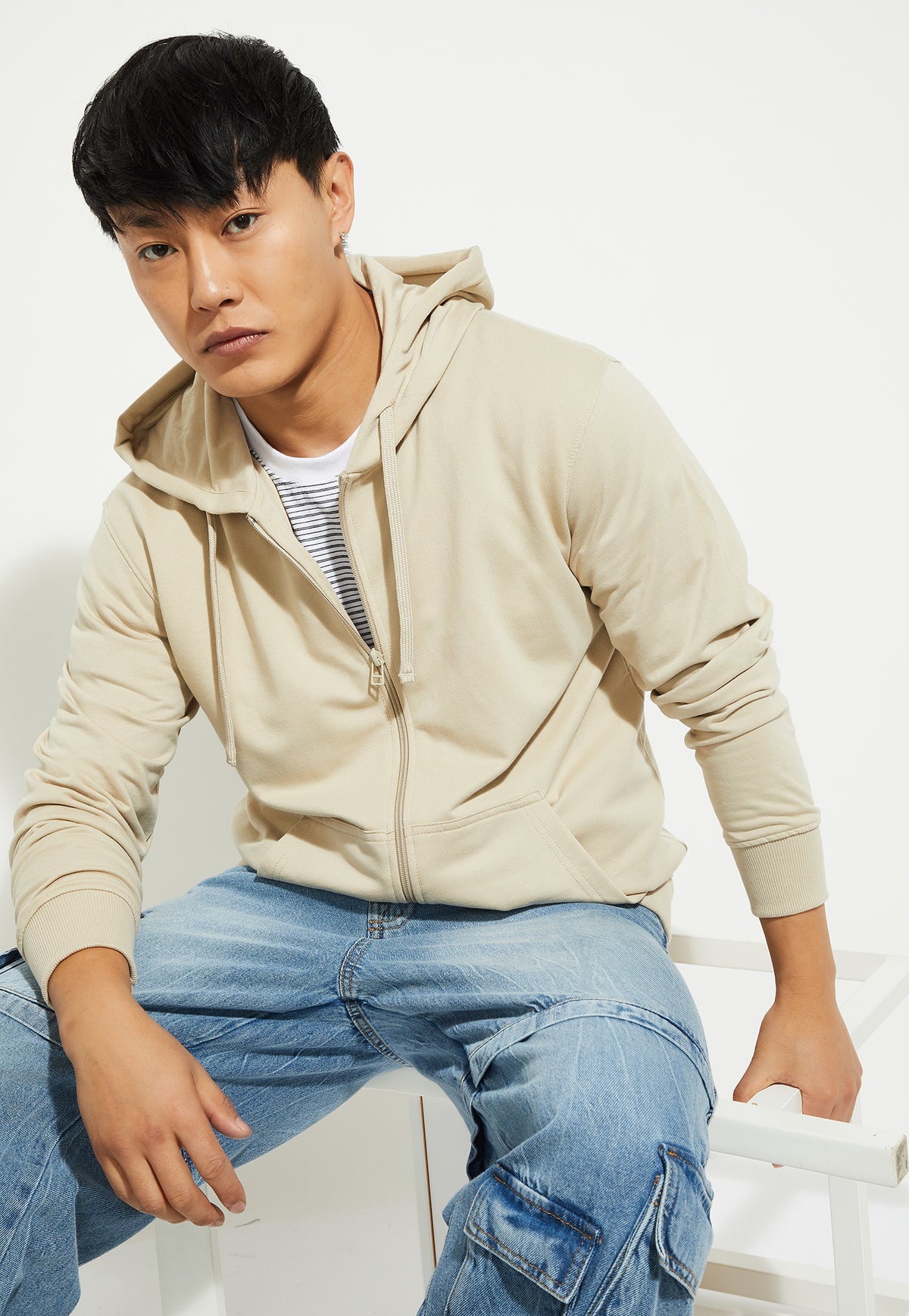 Ayke Men Solid Hooded Sweatshirt – Beige – view 1